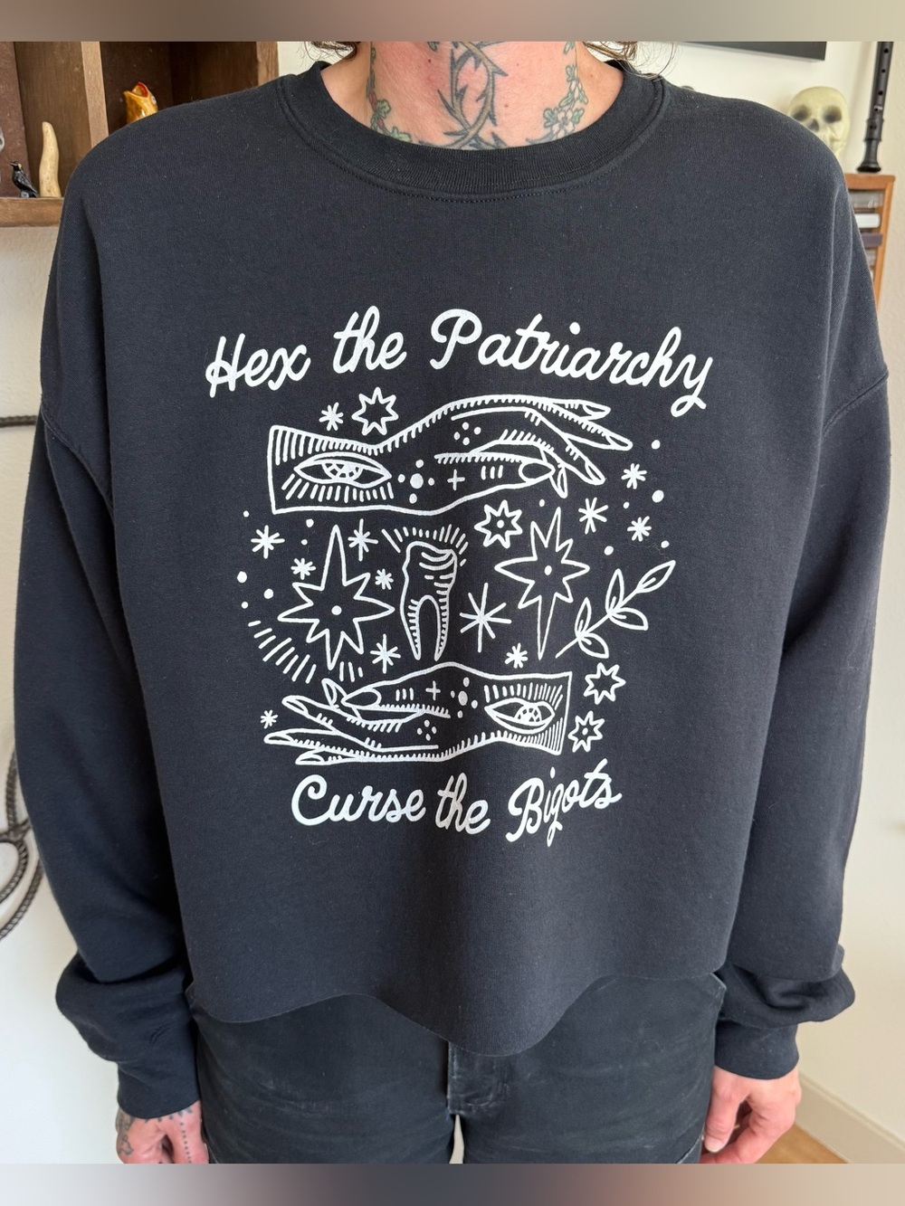 Hex the Patriarchy Witchcraft Black Graphic Crewneck Sweatshirt ~ Size XL